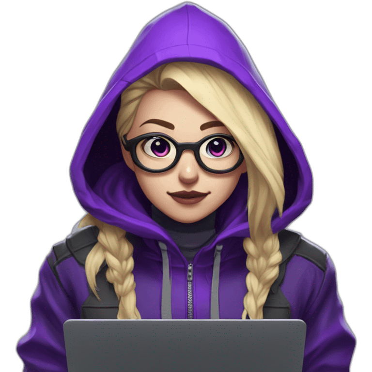 Girl blond artist with round glasses left side behind his laptop with this style: valorant riot Game purple character purple black hooded hacker themed character emoji