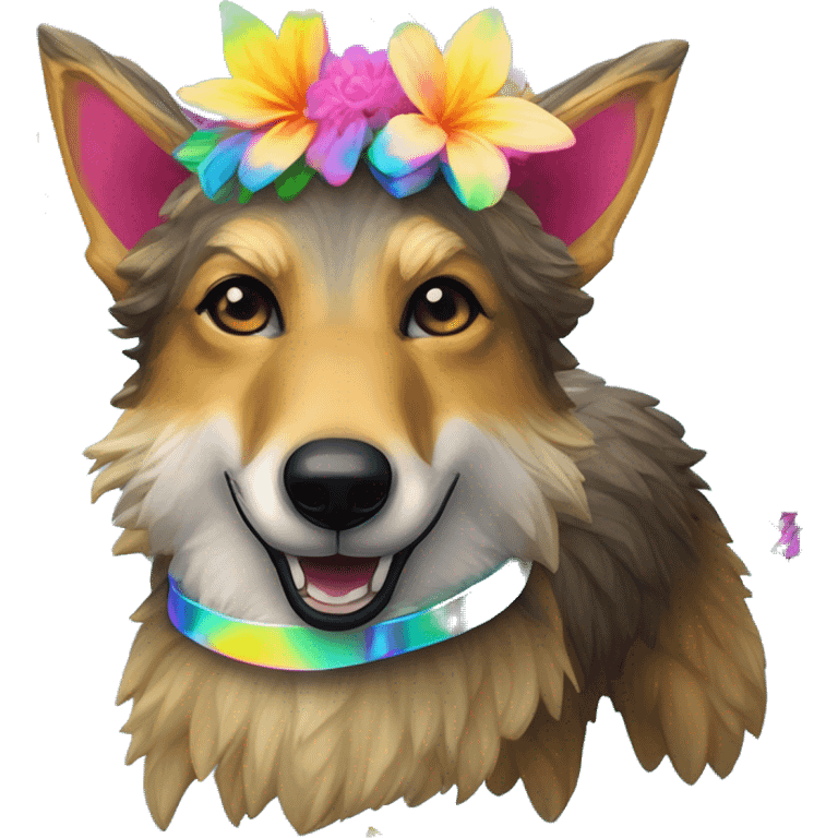  brindle fluffy lurcher Alsatian fox running blue eyes fluffy ears and iridescent holographic oilslick harness wearing paper iridescent tropical flower crown yellow caution tape neon sign emoji