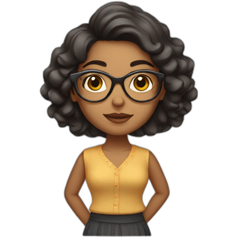 Indian woman with wavy hair wearing glasses and a small folded skirt emoji