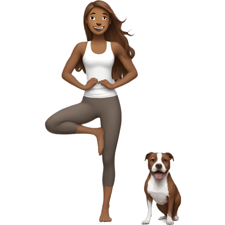 woman with long brown hair expressing joy dressed in a yoga outfit alongside a pitbull dog emoji