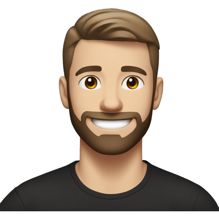 22 years old white Young man, with a really dark brown short crew cut, and a faded medium dark brown beard, smiling really happy, and muscular but with a black t shirt on emoji