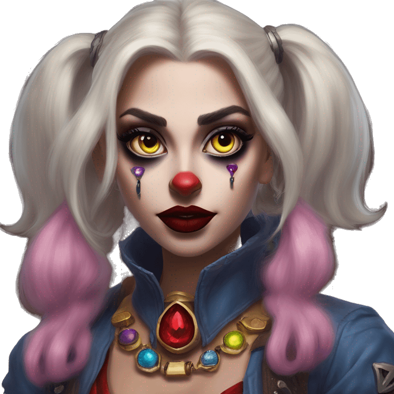 Warcraft gem collector in Harley Quinn style, oil paint, mysterious eyes, intricate lips, masterpiece portrait, odd perspective, beautiful, desirable, logical emoji