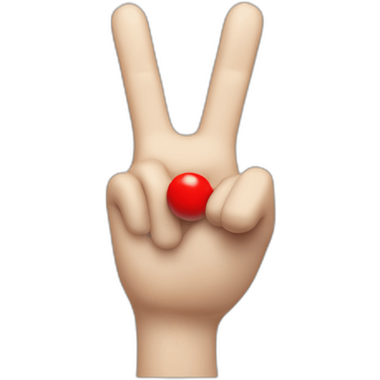 white 3d cartoon hand doing peace sign with a small red string on the index finger emoji