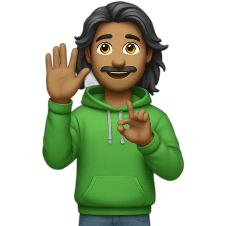 an indian man wearing a green sweatshirt, long hair, no facial hair, waving goodbye emoji