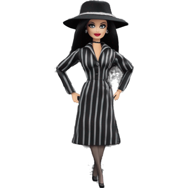 Bouclé Beauty Lingerie Barbie, 1965 Morticia Addams from academy, in dark-gray and black striped outfit with hat. Driving 1978 Mercedes convertible sports car  emoji