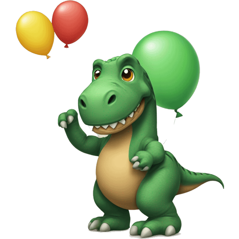 A dinosaur holding a baloon emoji