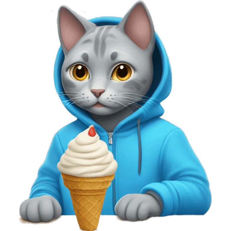 gray cat jumbo wearing blue hoodie and eat ice cream emoji