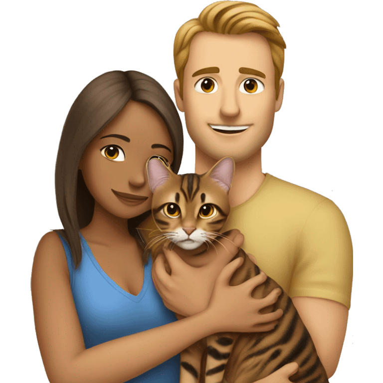 A man hugs a brown-haired skinny hot woman and a bengal cat emoji