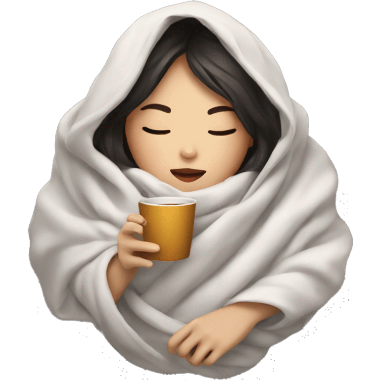 asian girl inside a blanket sipping coffee eyes closed emoji