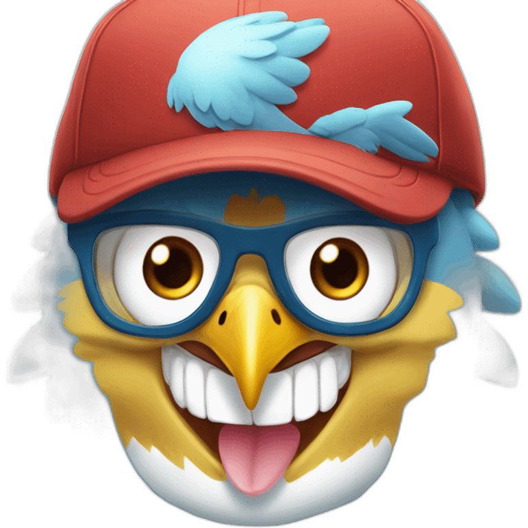 Crazy funny Articuno head with human white teeth and beautiful smile wearing glasses and hat emoji