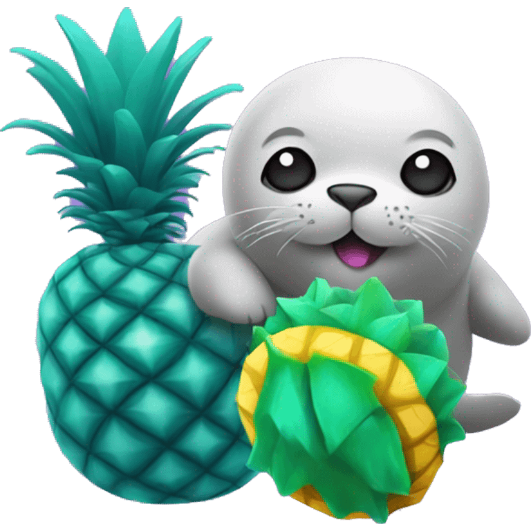 teal-colored seal holding a purple-colored pineapple emoji