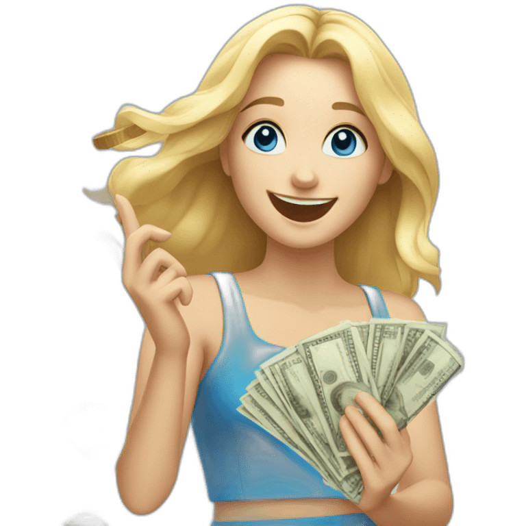 blonde girl with blue eyes rejoices and dances while holding money in her hands emoji