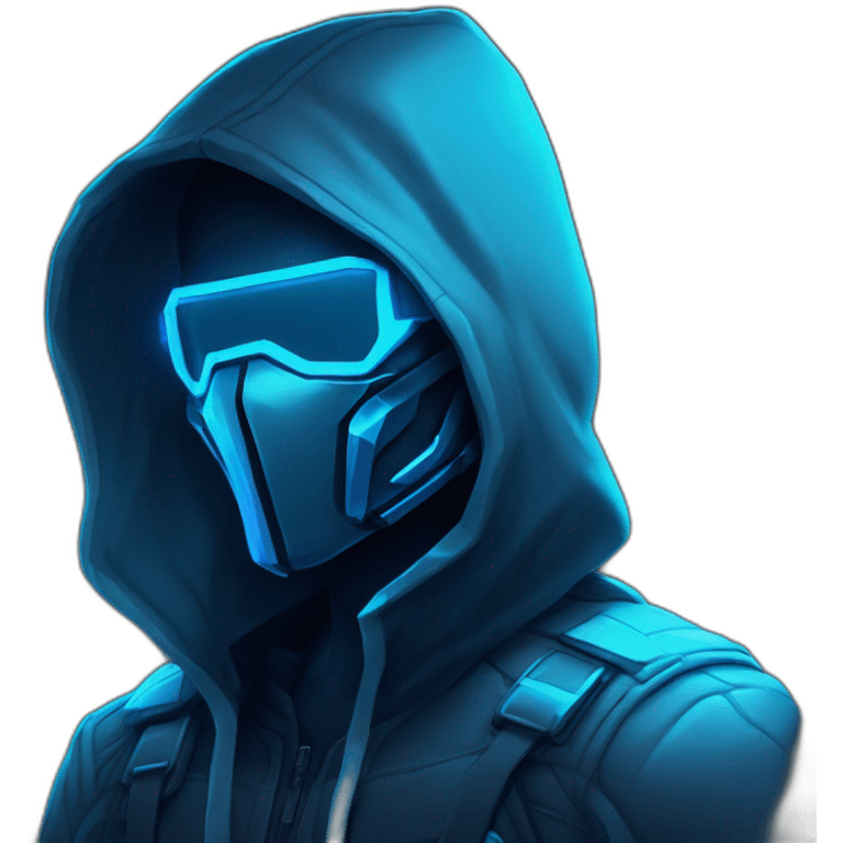 Side view developer behind his laptop with this style : Riot Games Valorant neon glowing bright blue character blue black hooded assassin themed character emoji