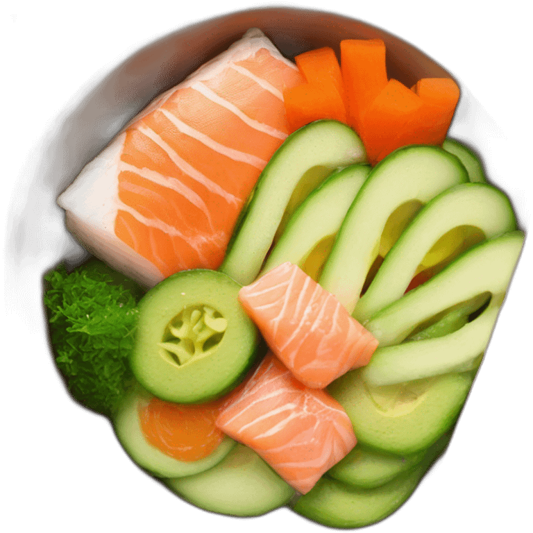 salmon pokebowl with carrots cucumber avocado with chopsticks emoji