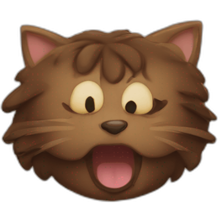 A brown and with a little bit of black cat with a blind eye and with long hair and her tongue out emoji