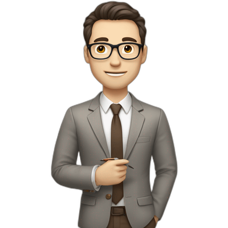 Pale skinned fit man with dark brown hair in gray jacket, beige office shirt, brown tie, brown pants and vintage glasses Writing text on a marker board emoji