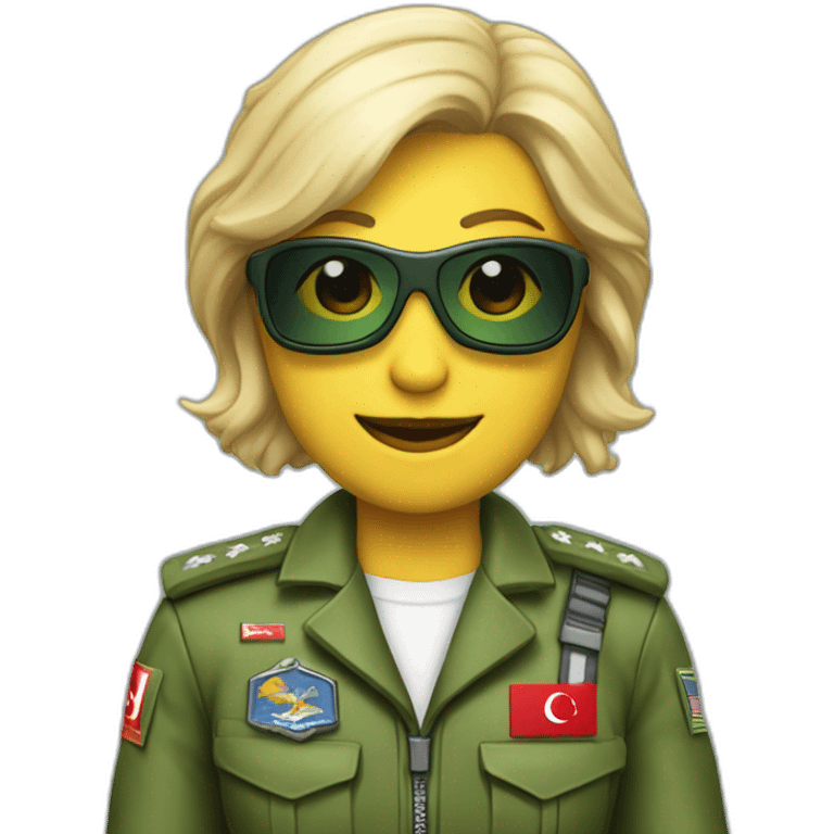 Blonde military Pilot with green uniform which is has a Turkish flag on right arm, pilot badge on chest, wearing sunglasses   emoji