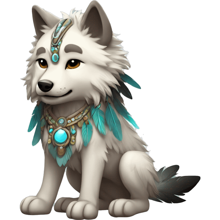 Fluffy Shy Chibi Spiritual Shamanic Wolf With Shiny Tribal Markings wearing feathers Full Body emoji