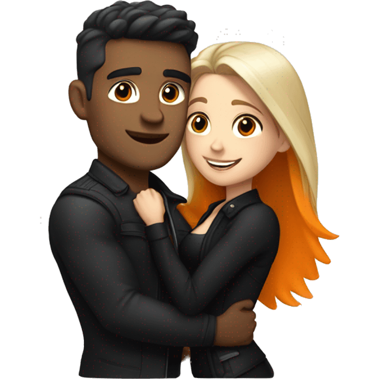 A muscular, well-shaped, slightly brunette man wearing a black jacket and a woman with light blonde, black and orange hair hugging him. emoji