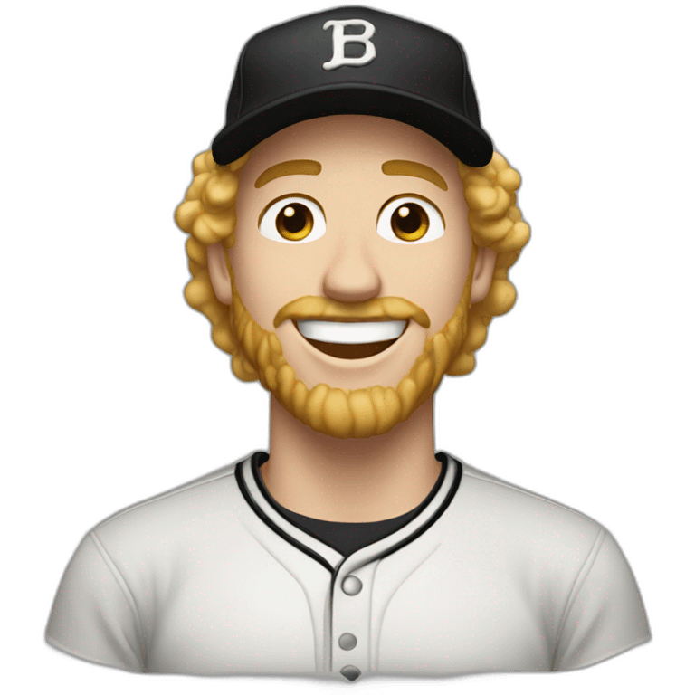 man with blond curly hair, blond beard, black baseball cap, laughing emoji