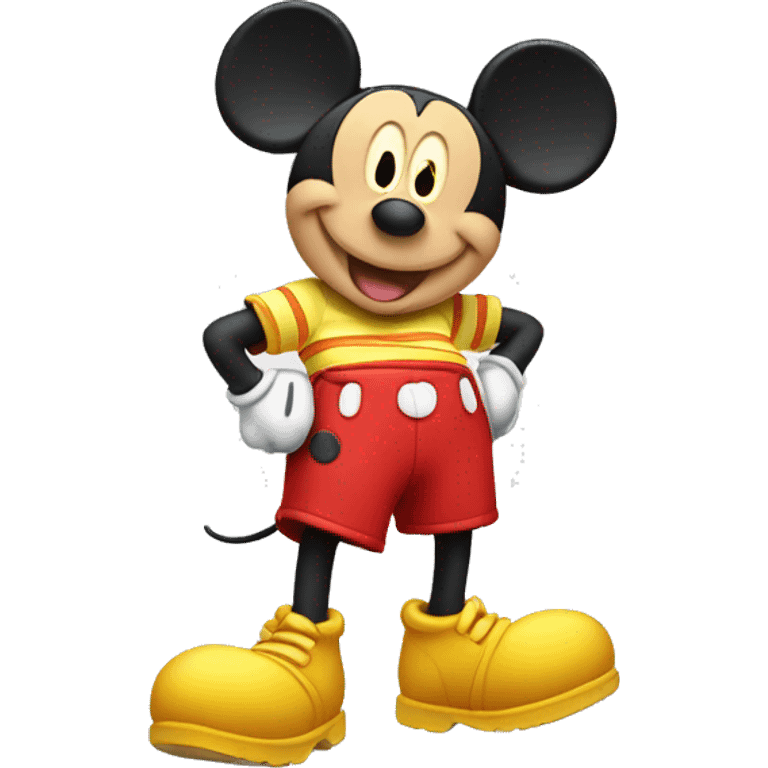 Mickey Mouse wearing red shorts and big yellow shoes, smiling happily. emoji