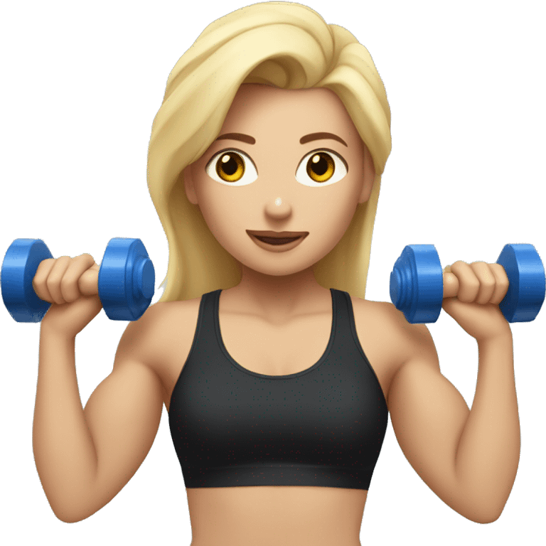 blonde woman working out with a black tank top and a blue shorts and she is holding a dumbell emoji