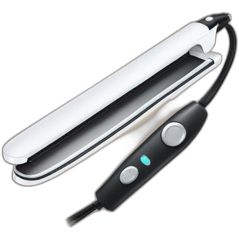 white hair straightener with metal heads and black cord emoji