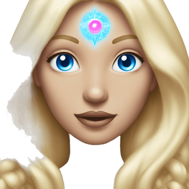 magical diva with thin pink andromedan face long blonde hair and blue eyes glowing third eye emoji