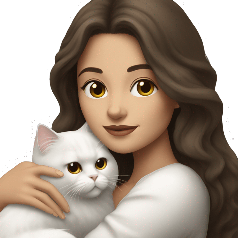 Brunette woman snuggling white Persian cat emoji