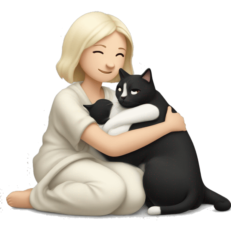 White lady snuggling with a black and white  cat with a blanket emoji