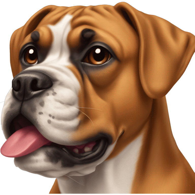 Senior boxer dog with single canine tooth sticking out of her closed mouth.  emoji