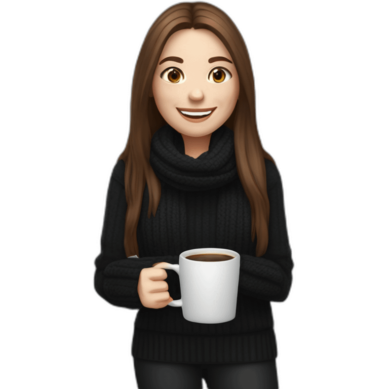 smiling woman with middle brown long straight hair and pale skin wearing black woolly shirt, black woolly scarf and holding a laptop on her left hand and coffee mug on her right hand emoji