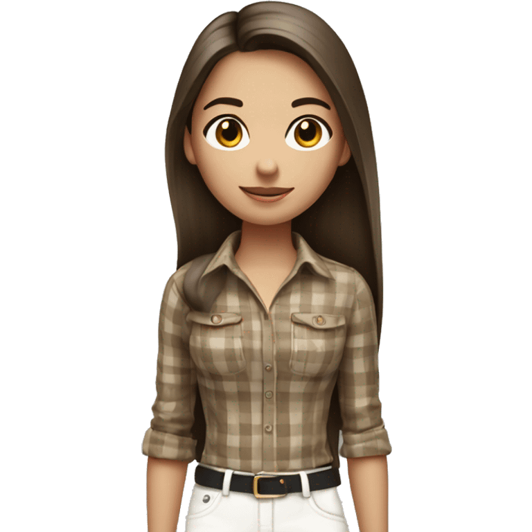 a brunette girl with long straight hair stands in a brown checkered shirt and white pants with a small black handbag emoji