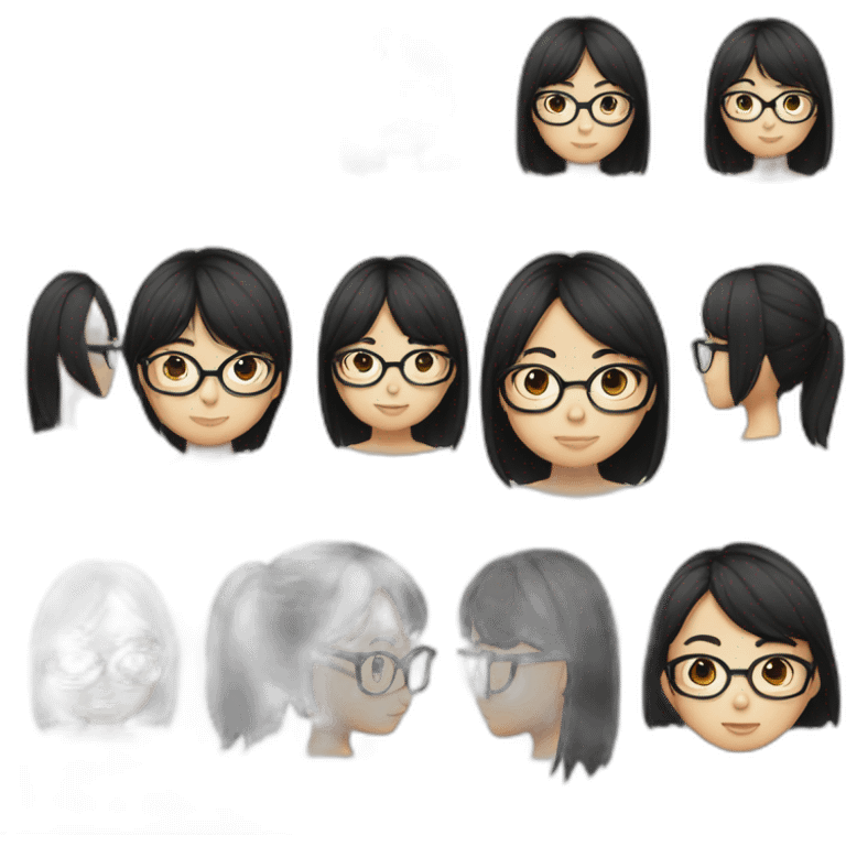 girl,wearing glasses,bangs，black hair,straight hair,Chinese girl emoji