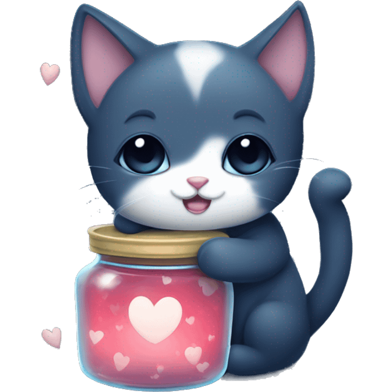 cute midnight sky colored cat hugging a jar filled with bright white hearts emoji