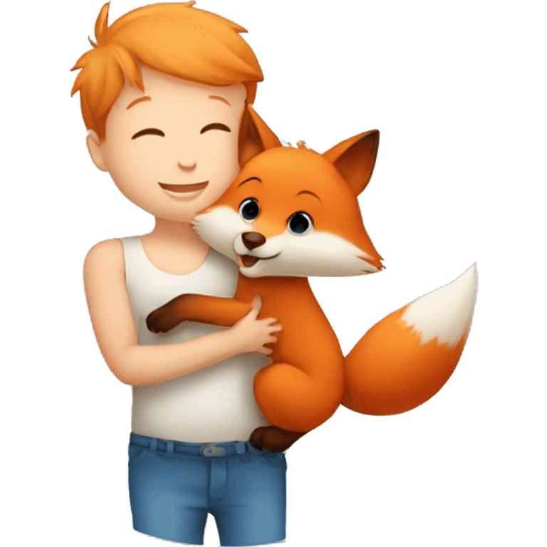 baby boy hugging little fox with blue eyes emoji