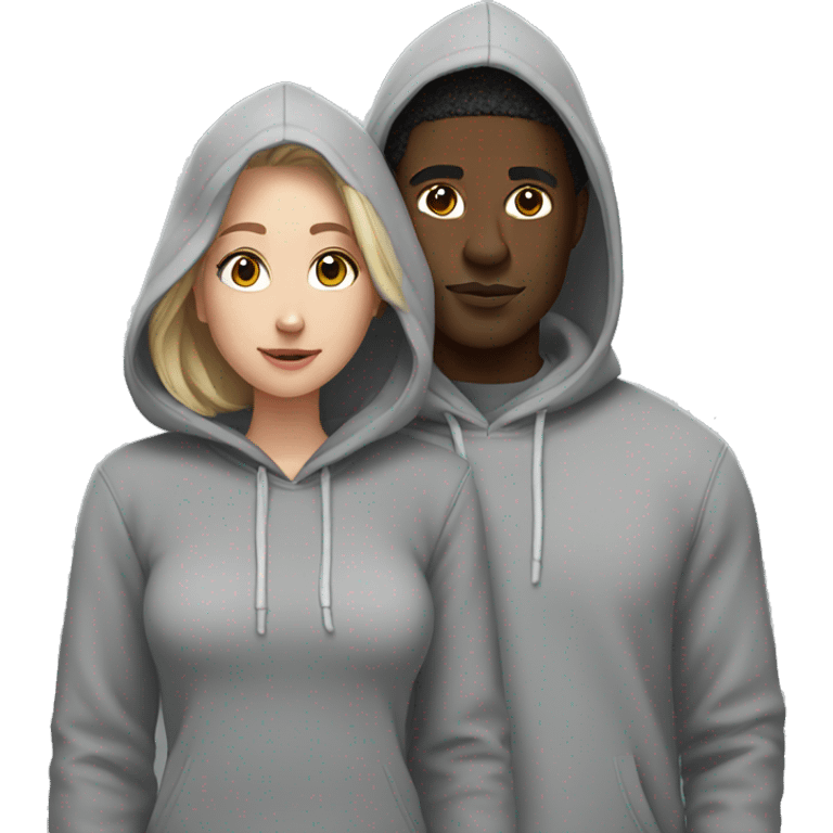 Black man and white girl couple in grey hoodies with hoods  emoji