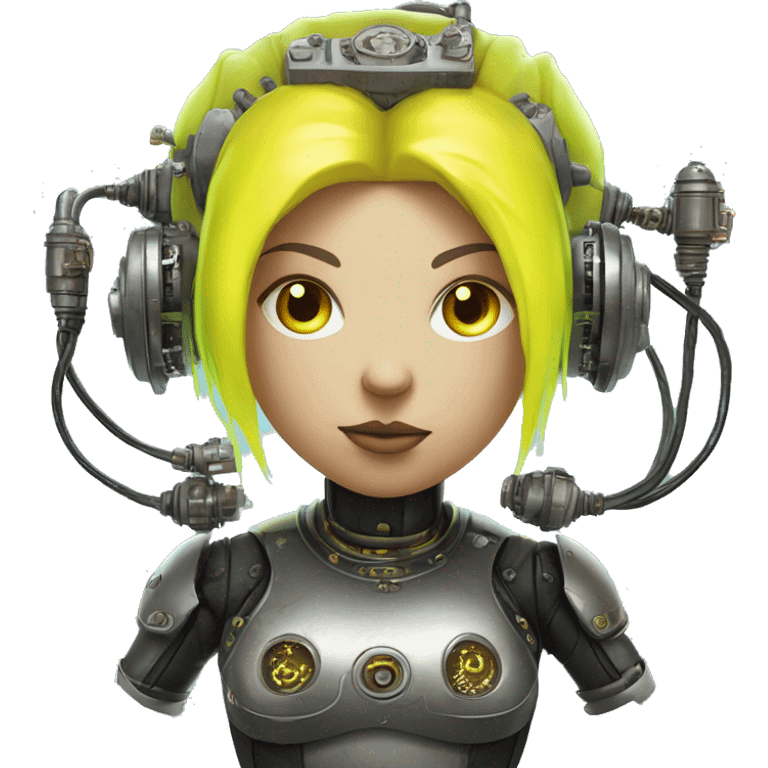 Fat Caucasian female cyborg head with Neon yellow bobbed hair, silver steampunk goggles and circuits emoji