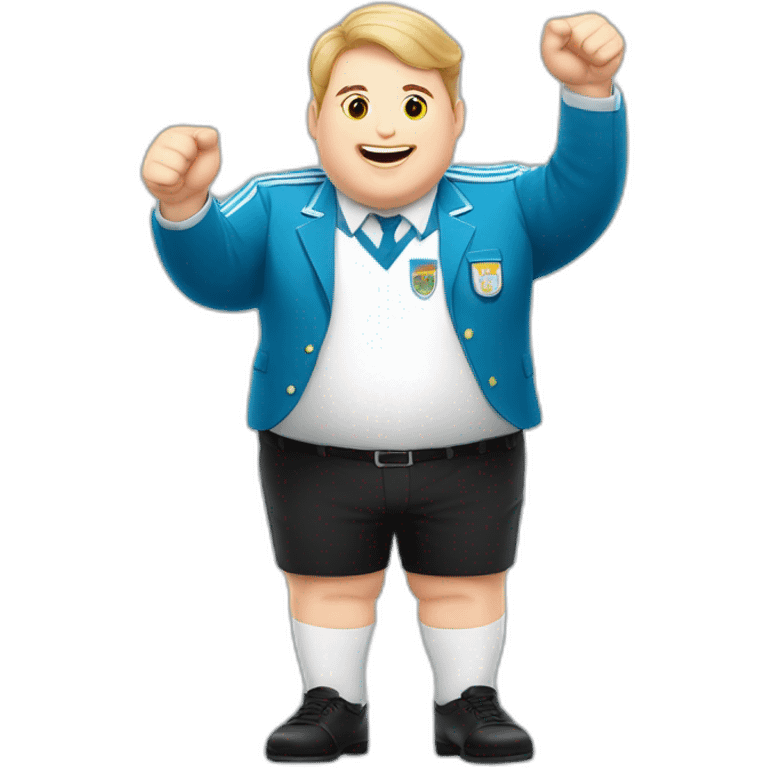 Short hair, obese white man play jumping hand up. argentina uniform. Thumbs up  emoji