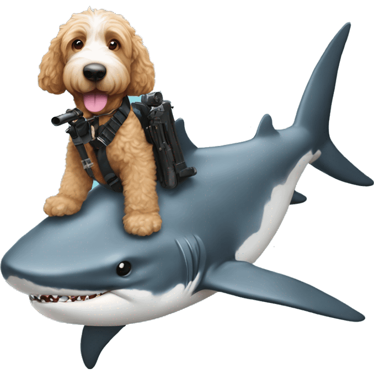 A bernedoodle riding a shark with two guns emoji