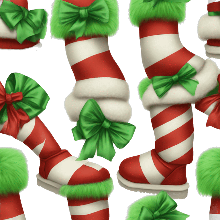 Realistic red and white striped fur Ugg boots with green silk ribbon bows. emoji