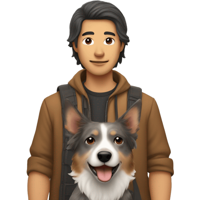 Long haired Asian man holding brown/grey Australian cattle dog  emoji