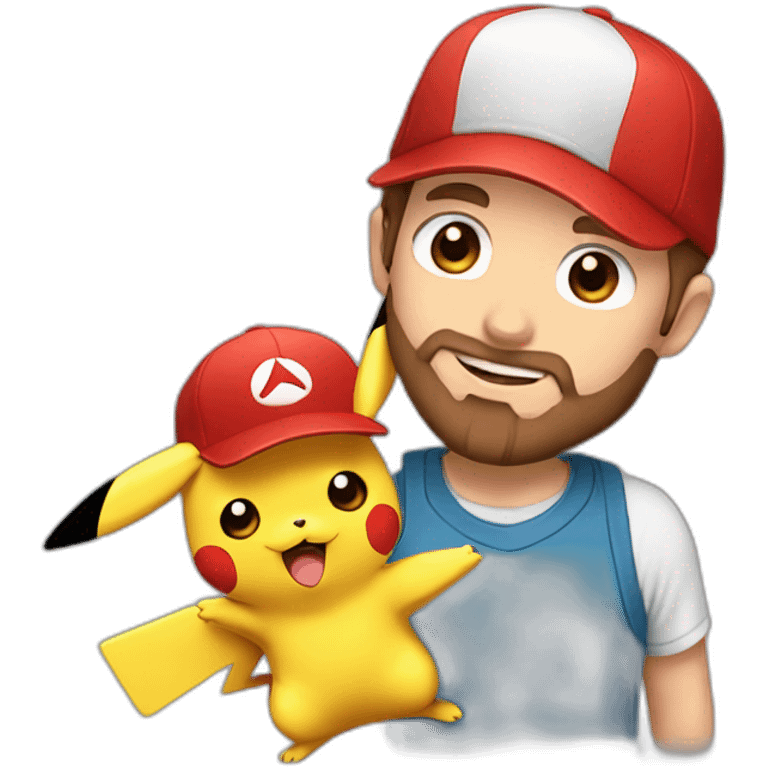 white man with brown hair and beard and a red cap, holding and a pikachu pokemon emoji