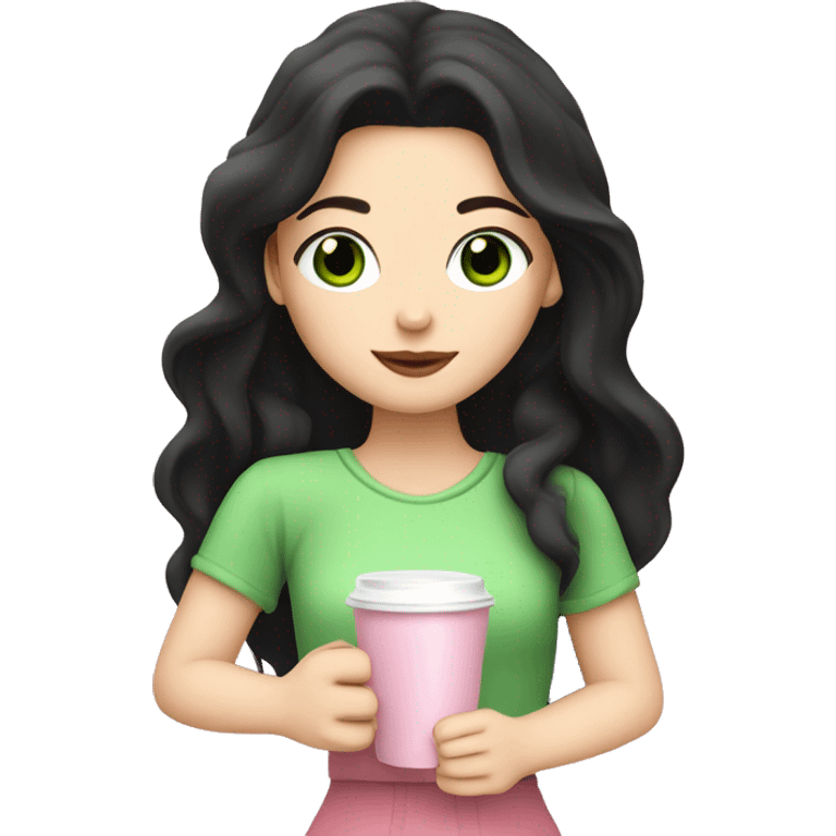 girl with pale skin, very long black hair and green eyes and light pink outfit drinking a pink latte emoji