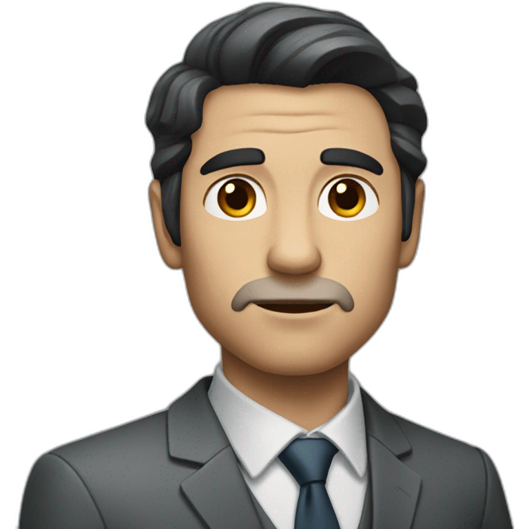 man with dark hair in gray suit pointing serious face emoji