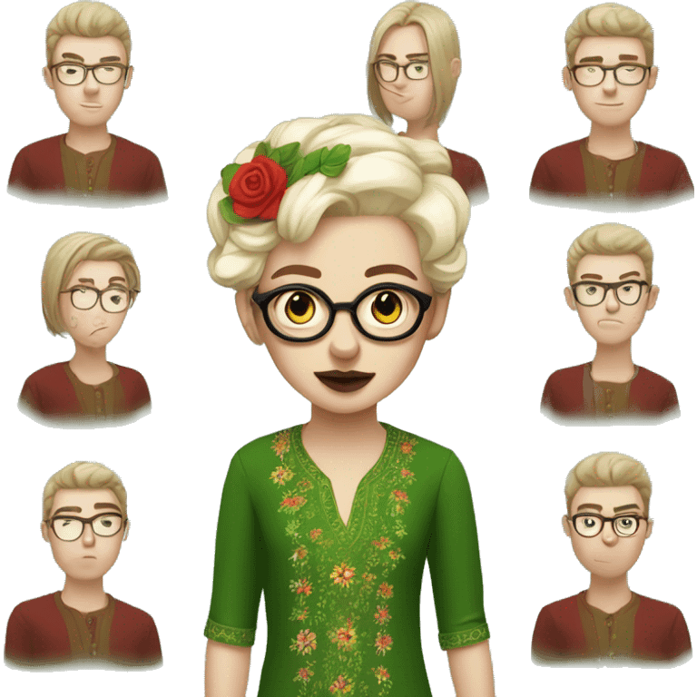 White girl in a green kurta with flower design, glasses, alot of piercing, gay, red lips, nose ring, full body, teen, short straight edgar hair,  emoji