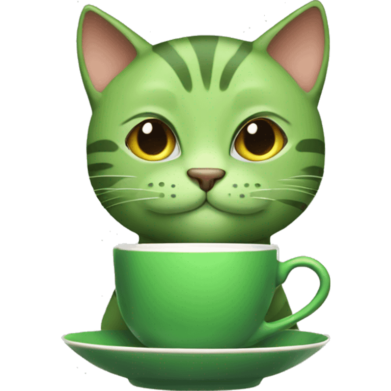 Green cat with cup of tea emoji