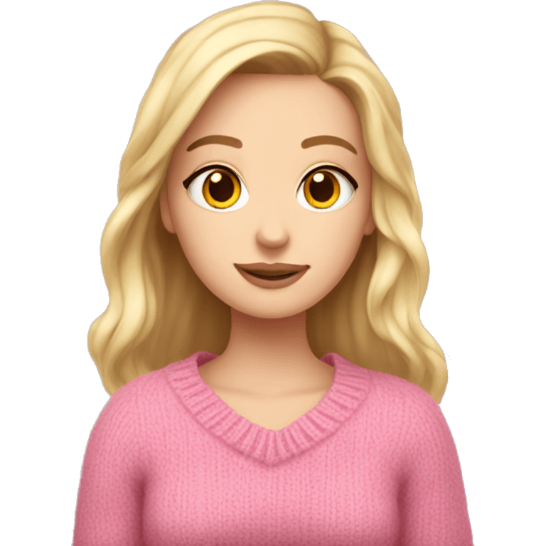 Pretty white girl with pink sweater reading cozy emoji