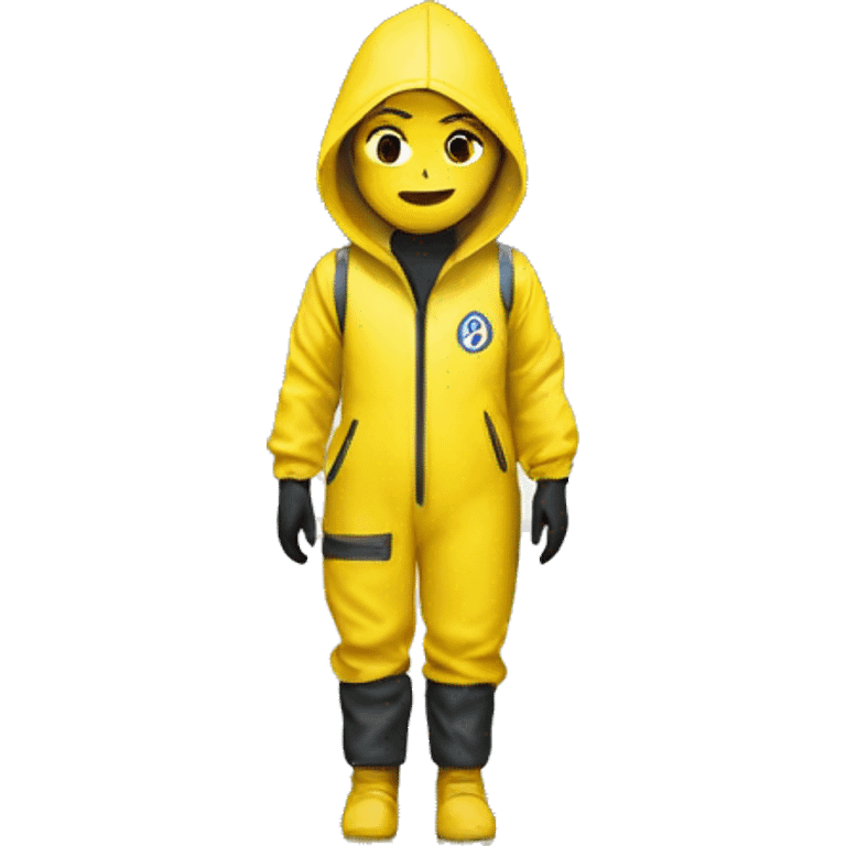 girl wearing yellow hazmat suit with the symbol “ hazard “ emoji