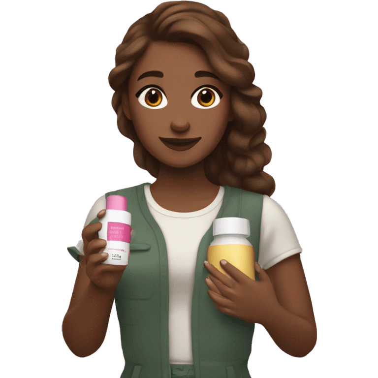 brown-haired girl holding cosmetic products in her hands emoji